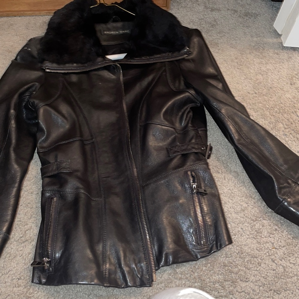 Andrew Marc biker jacket. Rabbit fur collar and wrists. Great fit.